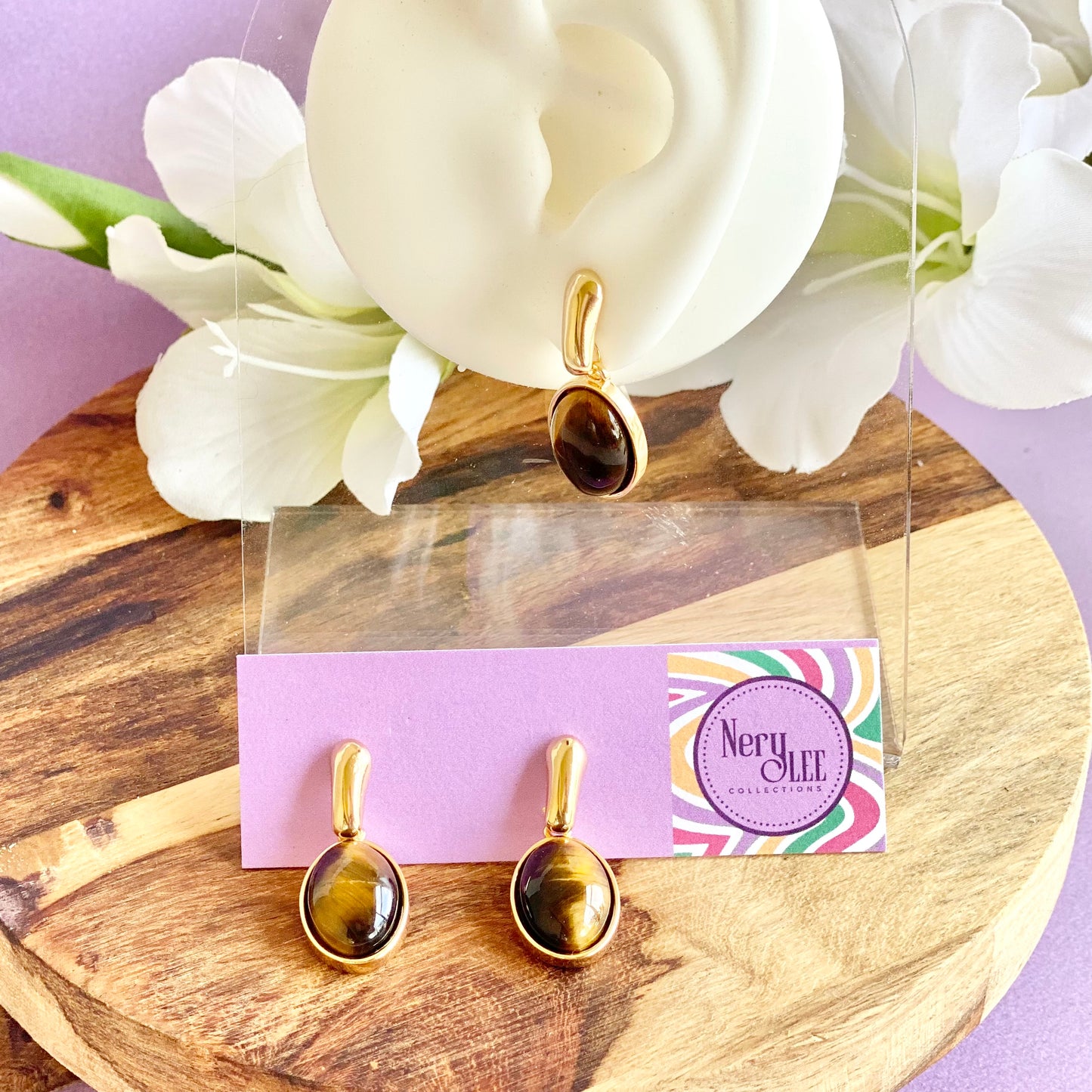 18K Gold Filled Oval Dangle Stone Stud Earrings