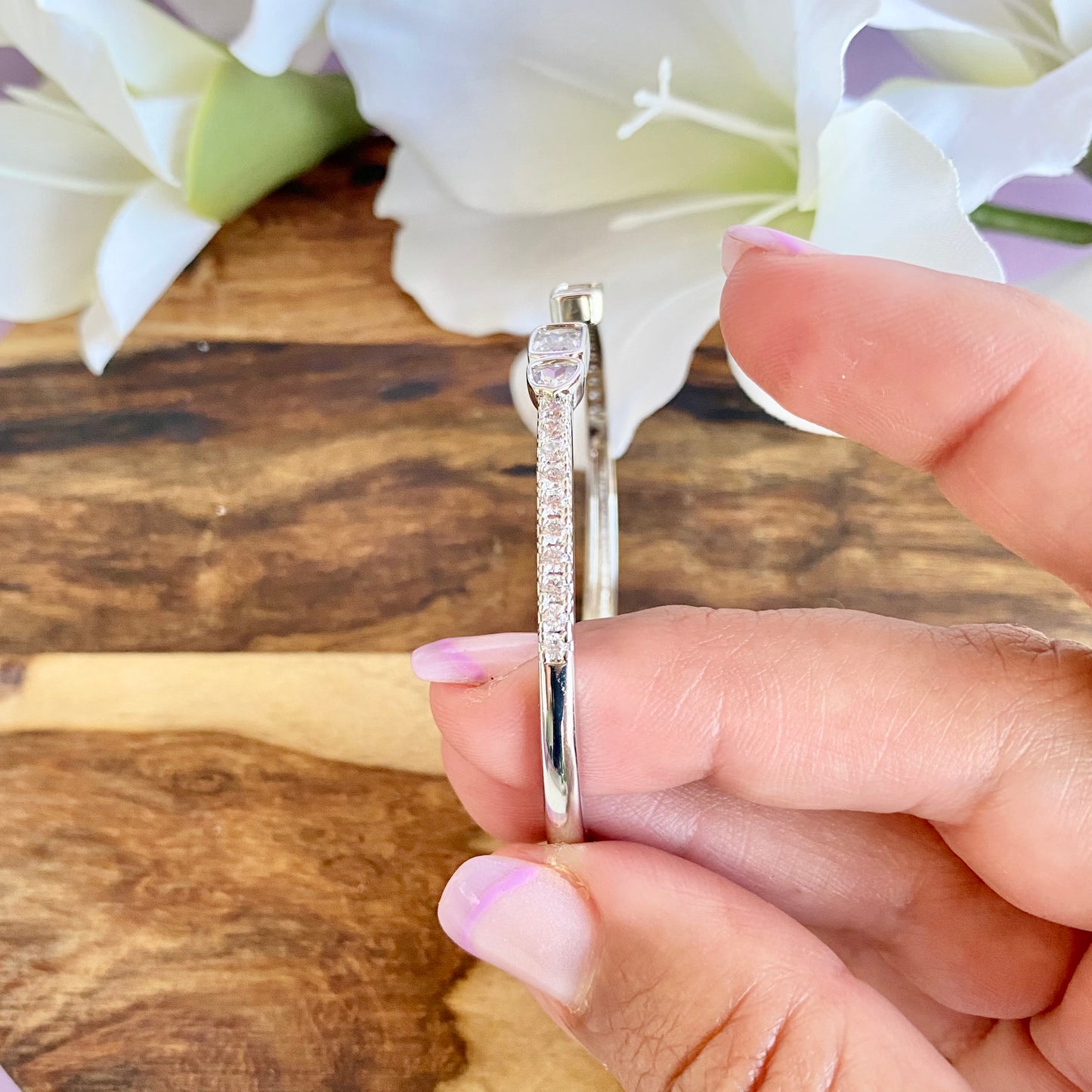 Pave CZ Baguette and Hearts Open Bangle