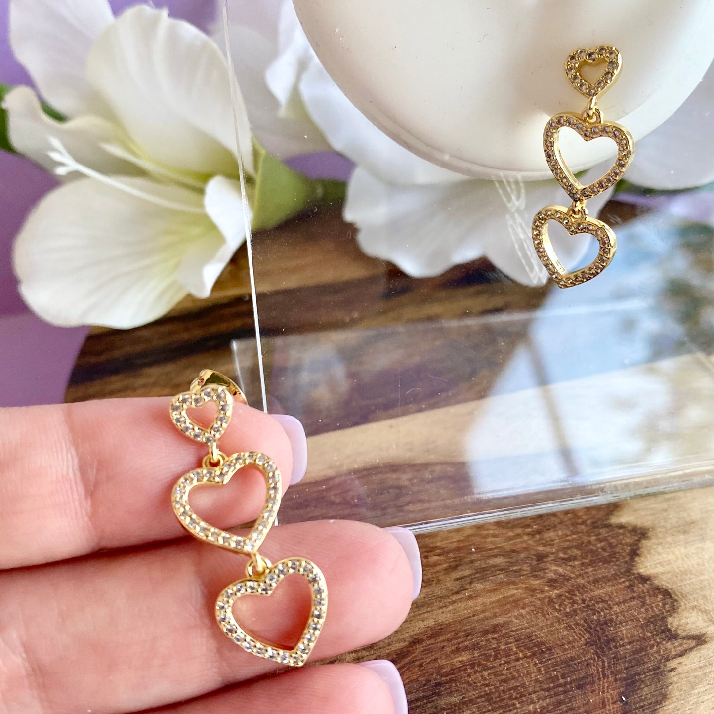 18K Gold Filled Dangle Triple Heart With CZ Cubic Zirconia Stones