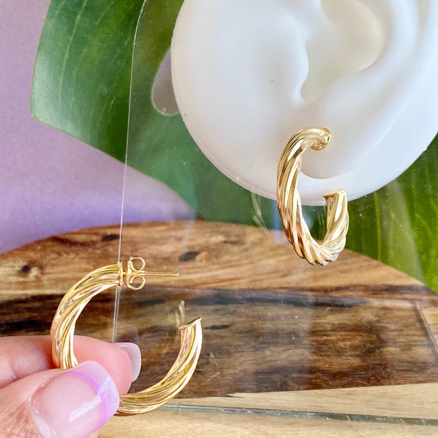 18K Gold Filled Open Hoop Twisted Rope Stud Earrings
