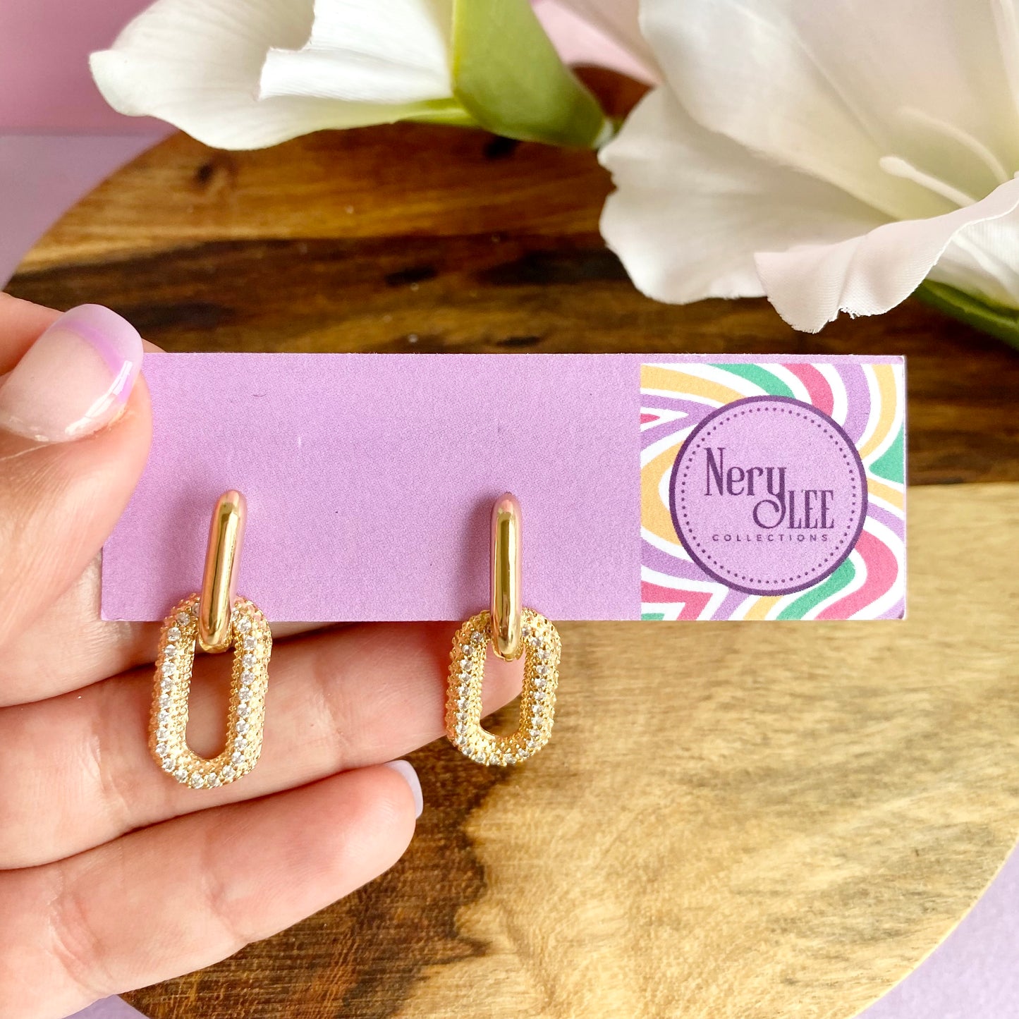 18K Gold Filled Huggies Link Dangle Drop Earrings With Cubic Zirconia Stones