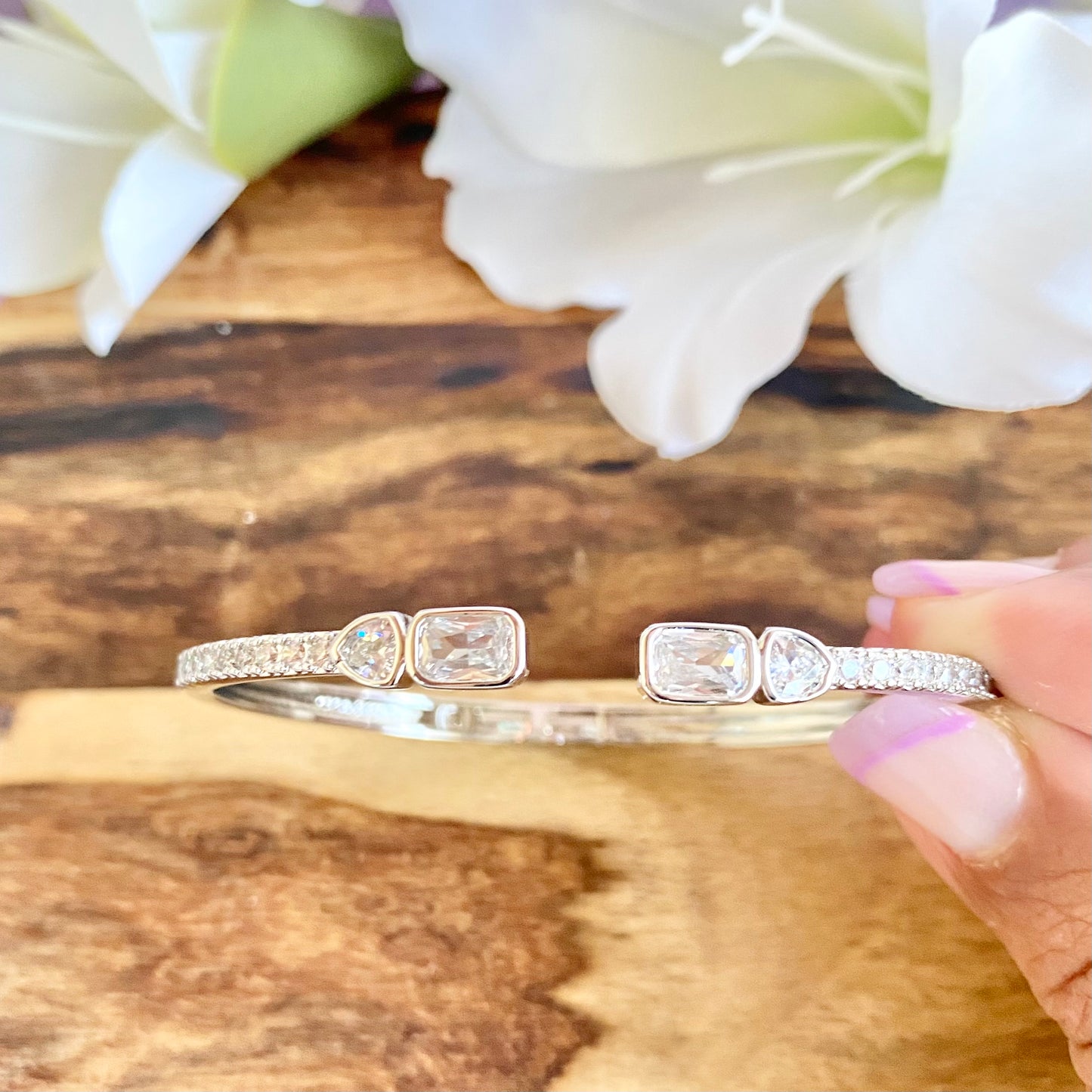 Pave CZ Baguette and Hearts Open Bangle