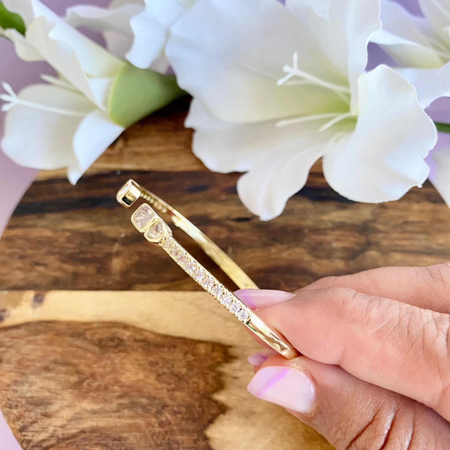 Pave CZ Baguette and Hearts Open Bangle