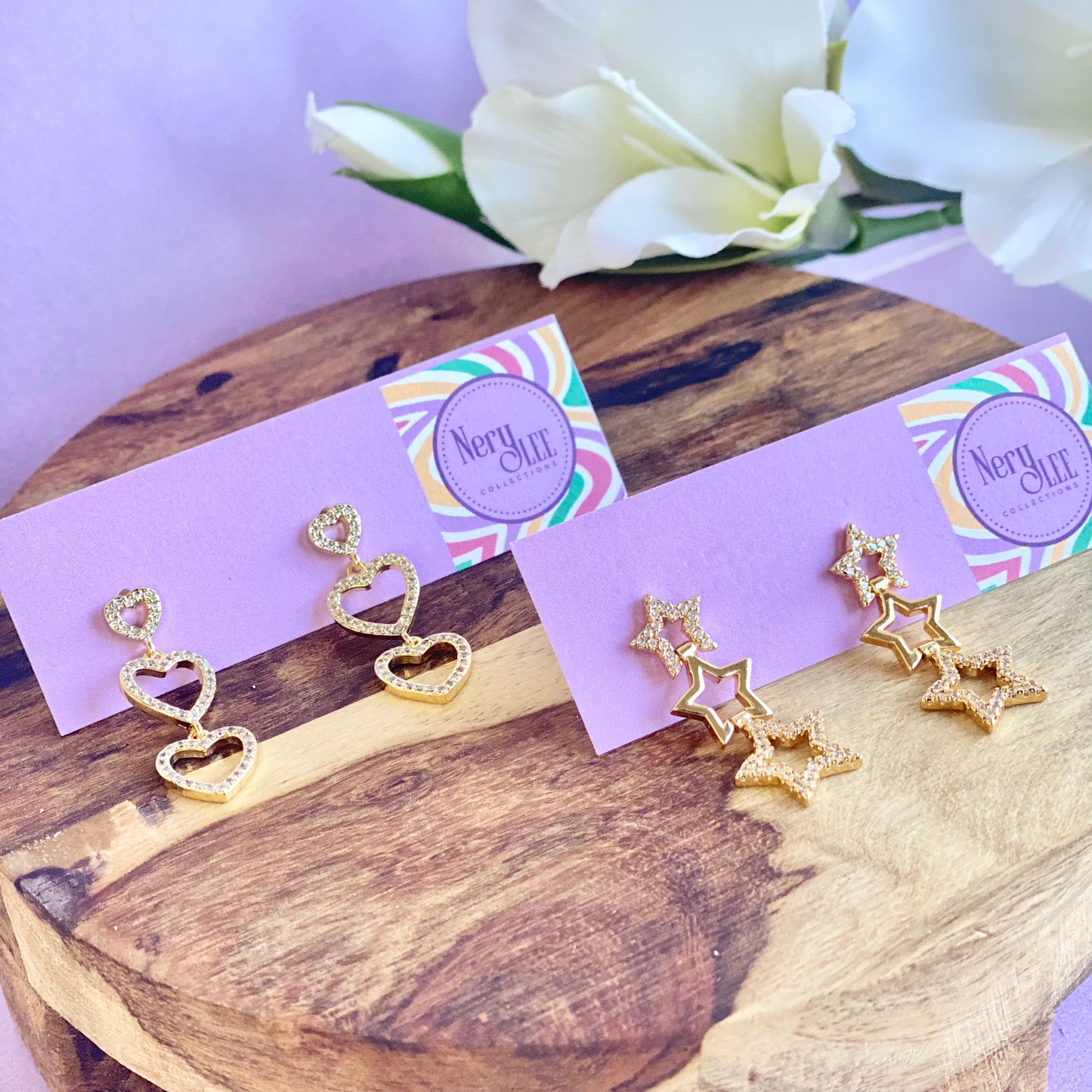 18K Gold Filled Dangle Triple Heart With CZ Cubic Zirconia Stones