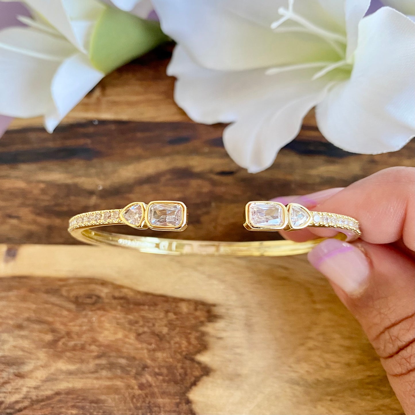 Pave CZ Baguette and Hearts Open Bangle