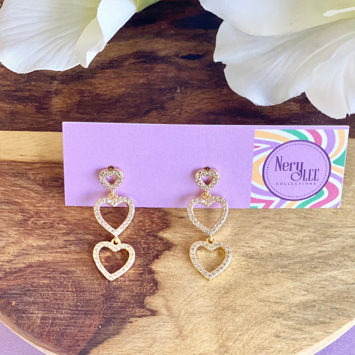 18K Gold Filled Dangle Triple Heart With CZ Cubic Zirconia Stones