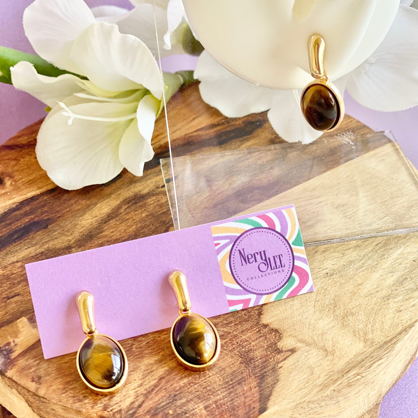 18K Gold Filled Oval Dangle Stone Stud Earrings