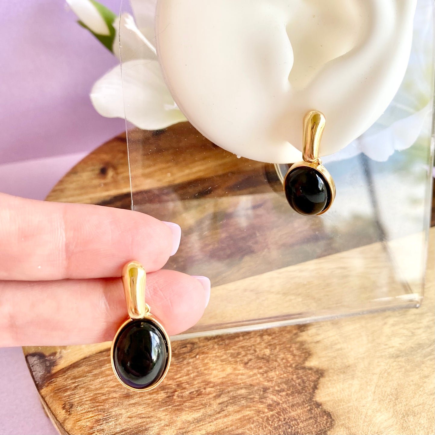 18K Gold Filled Oval Dangle Stone Stud Earrings