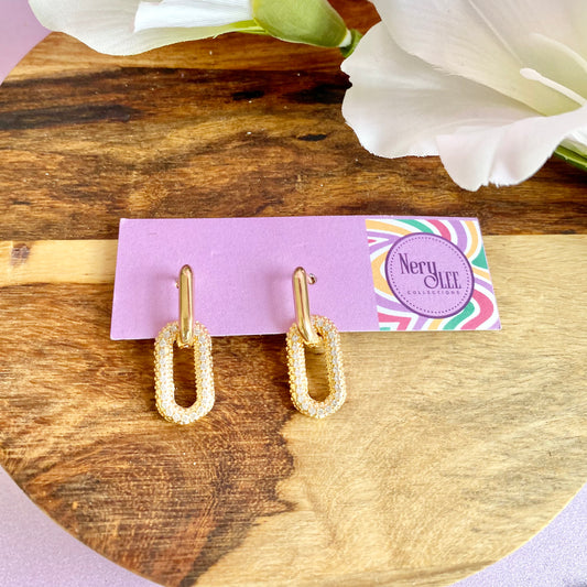 18K Gold Filled Huggies Link Dangle Drop Earrings With Cubic Zirconia Stones