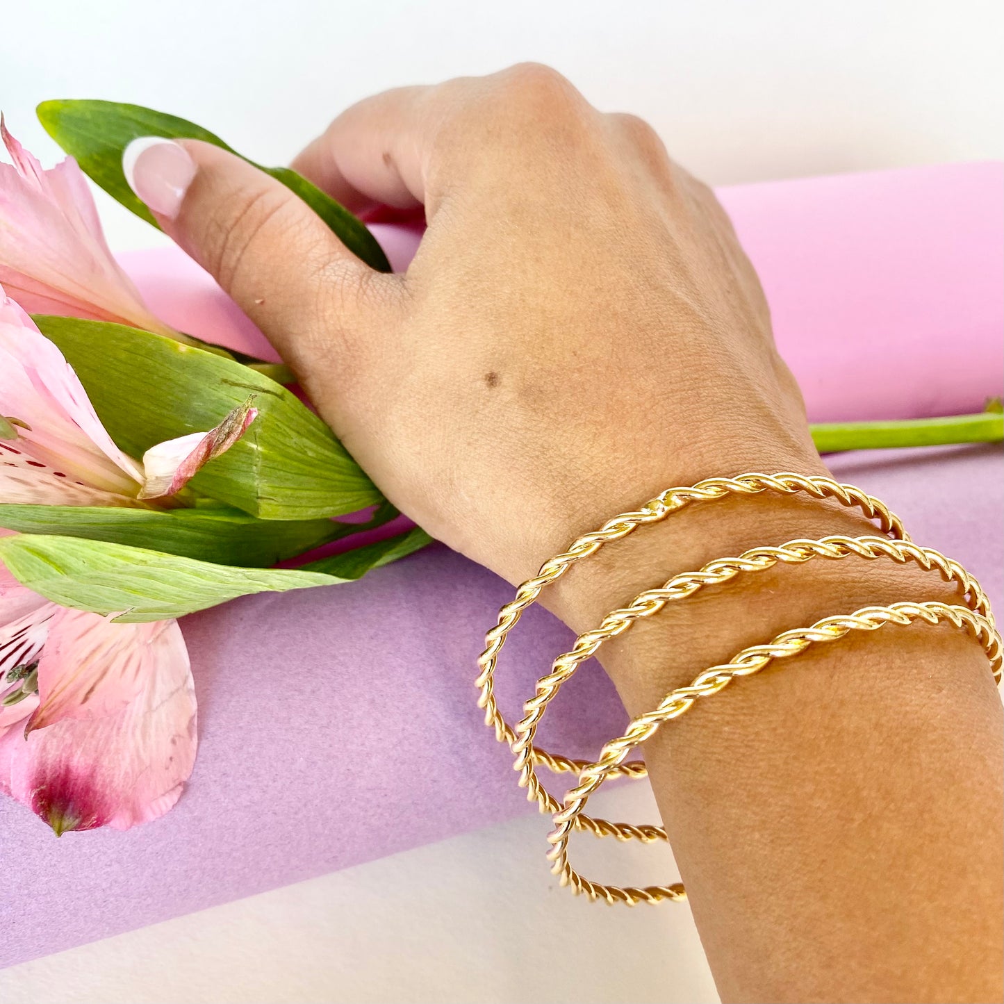 18K Gold Filled Thin Twisted Closed Bangles (Set of 3)