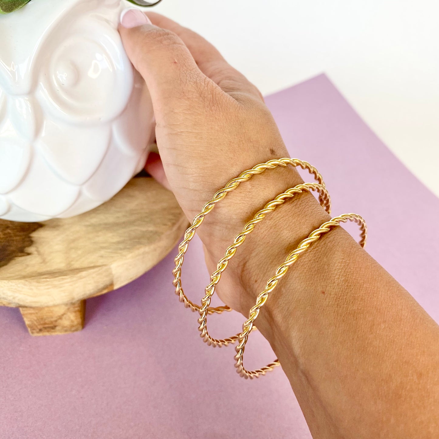 18K Gold Filled Thin Twisted Closed Bangles (Set of 3)