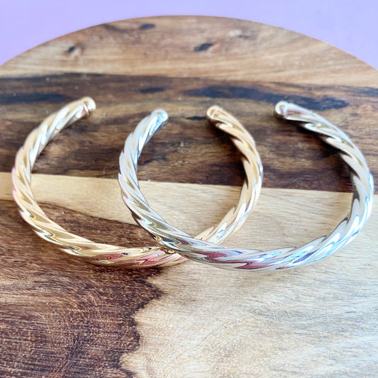18K Gold/Rhodium Filled Thick Twirled Open Bangle