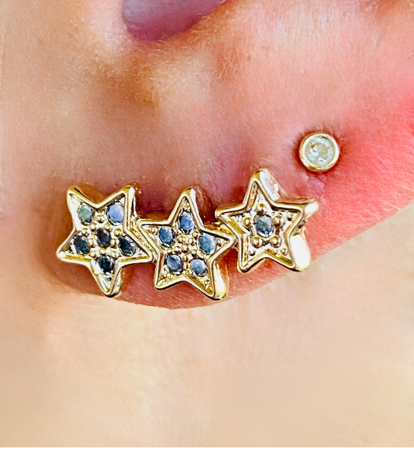 18K Gold Filled Triple Star Stud Earrings With Micro CZ Stones