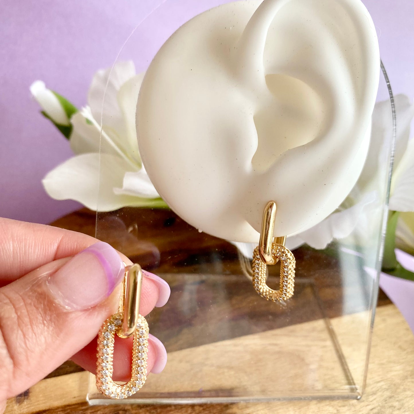 18K Gold Filled Huggies Link Dangle Drop Earrings With Cubic Zirconia Stones