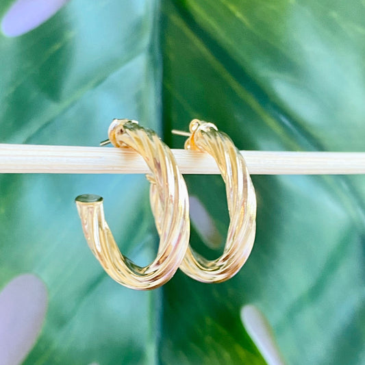 18K Gold Filled Open Hoop Twisted Rope Stud Earrings