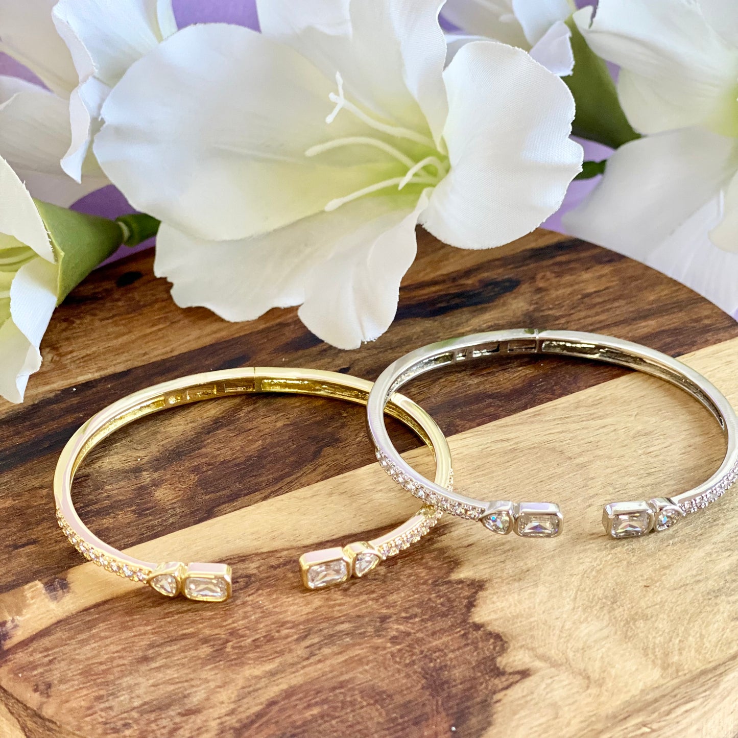 Pave CZ Baguette and Hearts Open Bangle