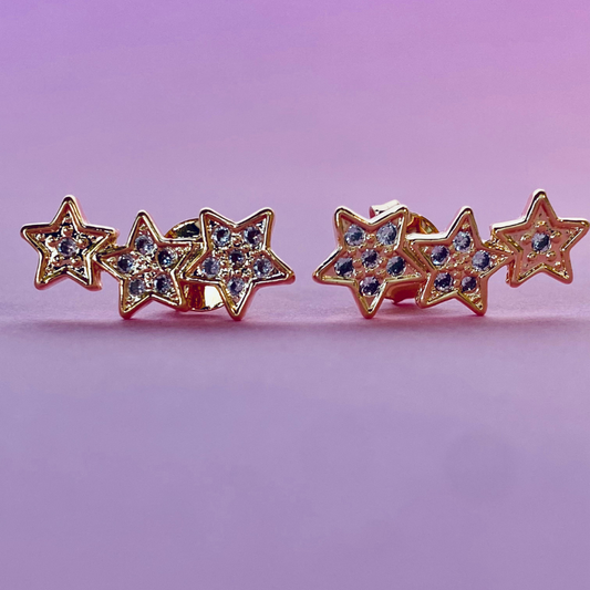 18K Gold Filled Triple Star Stud Earrings With Micro CZ Stones